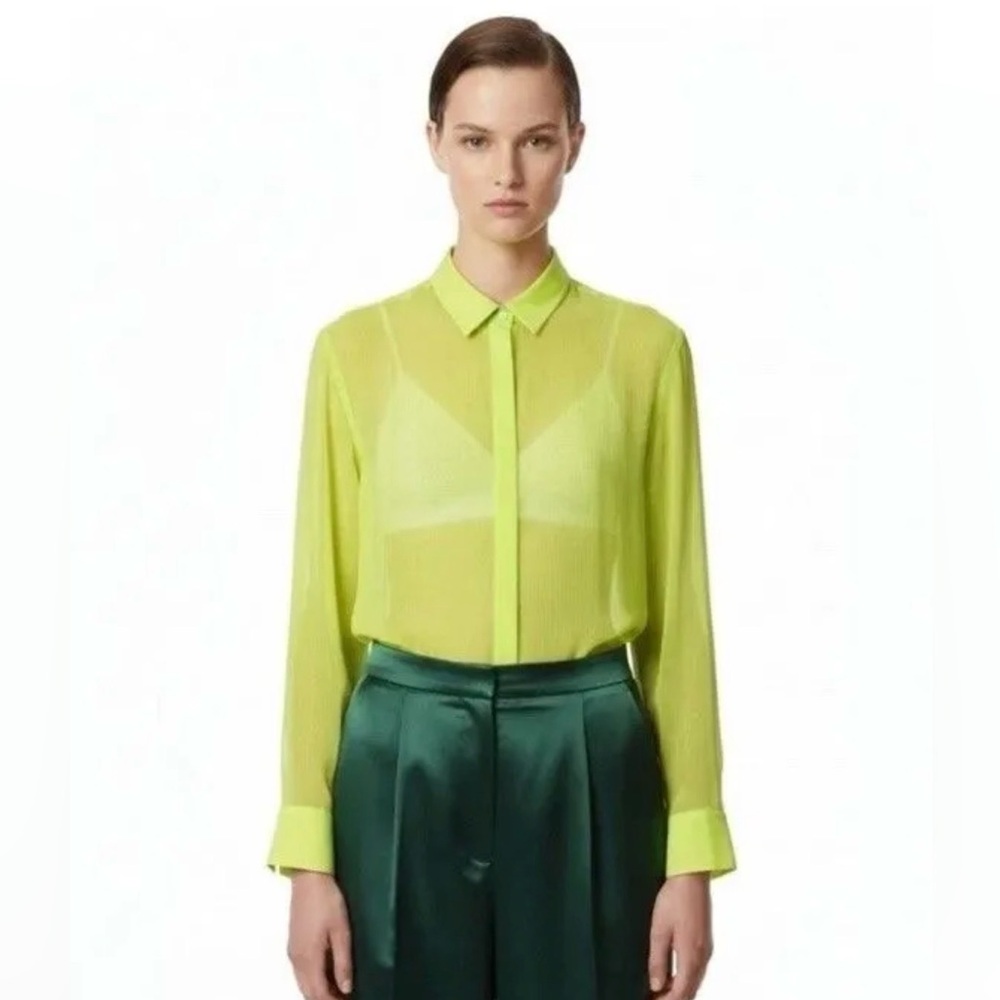 Wildfang The Empower Sheer Button-Up Shirt Womens Neon Yellow Lime - Picture 2 of 8